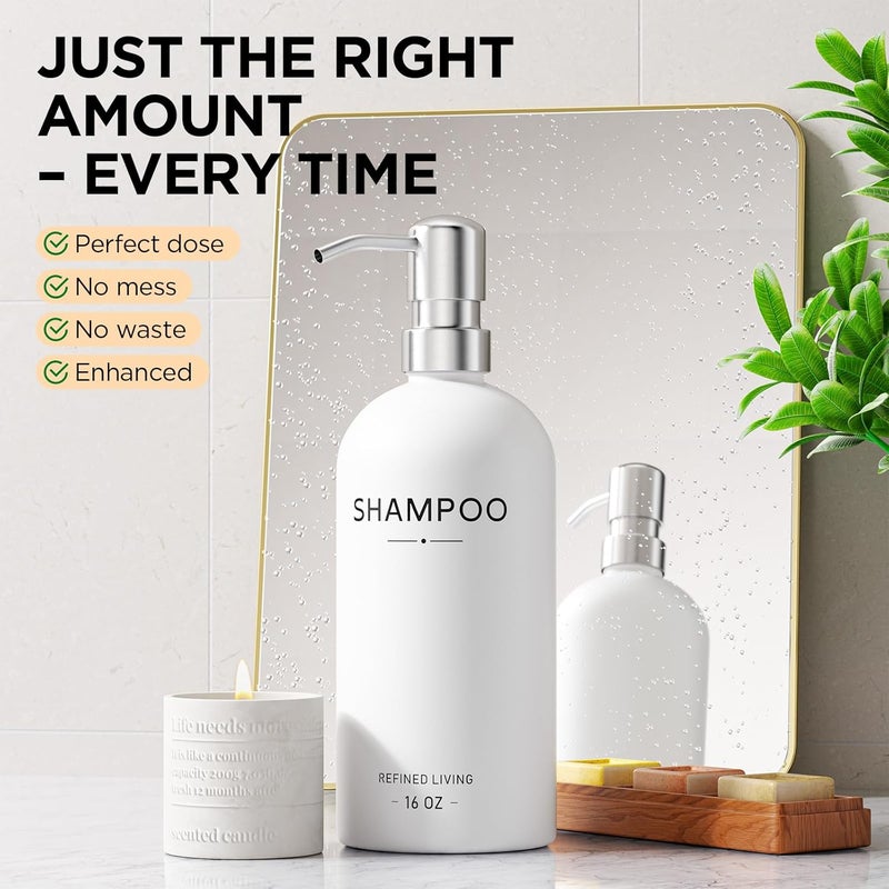 Aeakey Shampoo and Conditioner Dispenser Set,3 Refillable 16oz Bottles with Stainless Steel Pumps – Shower Soap Dispensers for Bathroom, Hotel or Airbnb (Silver, 3-Pack) - Image 5